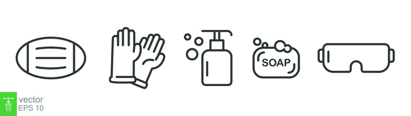 Personal protection equipment icons. Medical mask, latex gloves, soap, dispenser, protective glasses, Coronavirus, covid 19 prevention items. Line, outline symbols isolated. Vector illustration EPS 10