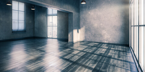 Empty Penthouse Loft Area Interior in Design - panoramic 3D Visualization