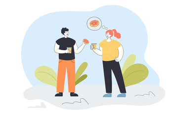 Man giving donut to woman thinking about dessert. Happy characters drinking hot takeaway coffee together flat vector illustration. Love, food concept for banner, website design or landing web page
