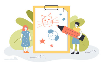 Children drawing sketch cat and dog on clipboard. Tiny happy boy holding marker, playing with girl flat vector illustration. Childhood, hobby concept for banner, website design or landing web page