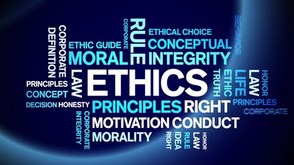 Ethics animated tag word cloud;text design animation kinetic typography seamless loop.