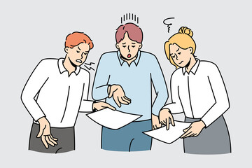 Colleagues fight about company paperwork. Businesspeople have misunderstanding or quarrel at workplace about document or report. Office problems. Vector illustration.  - obrazy, fototapety, plakaty