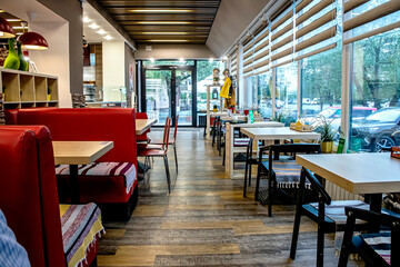view of tables in an empty cafe