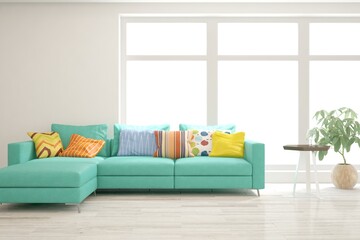 White living room with sofa. Scandinavian interior design. 3D illustration
