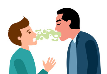 Man with bad breath talking with his colleague in flat design on white background. Smelly mouth concept vector illustration.