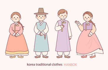 Round faces and cute characters. She is wearing a beautiful Korean hanbok. outline simple vector illustration.