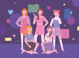 Korean K-pop girl groups are standing on stage in an ending pose. flat design style vector illustration.