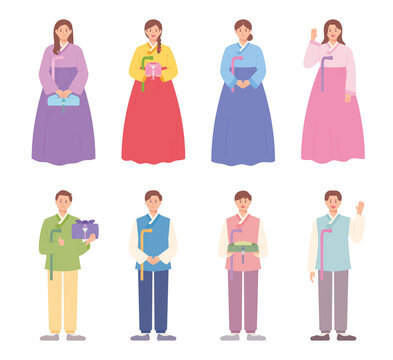 Men and women in beautiful Korean traditional clothing, Hanbok. They are greeting with traditional gifts. flat design style vector illustration.