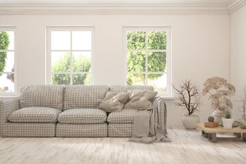 Minimalist living room in white color with sofa and summer landscape in window. Scandinavian interior design. 3D illustration