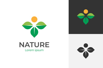 healthy life logo design with people fresh leaf nature icon symbol element design for fitness, yoga, therapy