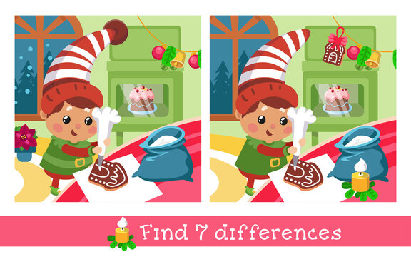 Find 7 differences. Game for children. Cute gnome prepare Christmas cake and cookies, cartoon style character. Vector hand drawn illustration.