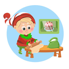 Obraz na płótnie Canvas Cute gnome rolls out the dough, prepares Christmas cake, character in cartoon style. Vector hand drawn illustration.