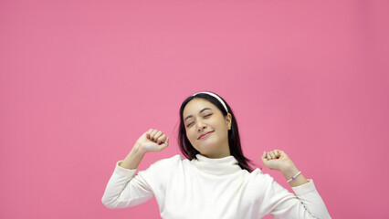 Asian women exercise and Sport woman Stretch on Morning, Preparing For Workout on pink background