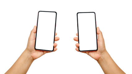 Obraz na płótnie Canvas hand holding a white screen phone on both sides isolated on white background