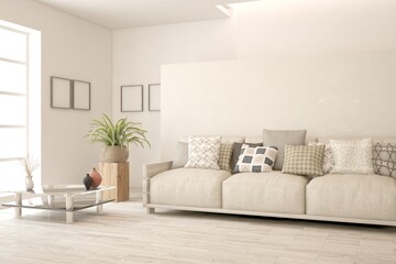 White living room with sofa. Scandinavian interior design. 3D illustration