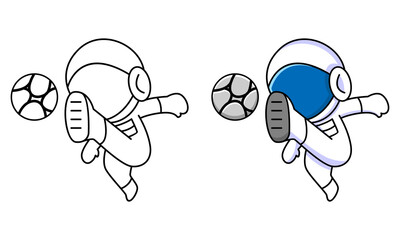 cute astronaut playing football coloring page for kids