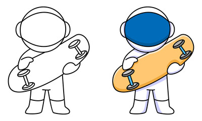 cute astronaut holding skateboard coloring page for kids