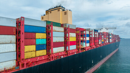 Side viewof  large cargo ship import export container box on the ocean sea on blue sky back ground concept transportation logistic and service to customer and supply change  forwarder mast