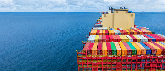 webinar banner ,Stern of large cargo ship import export container box on the ocean sea on blue sky...