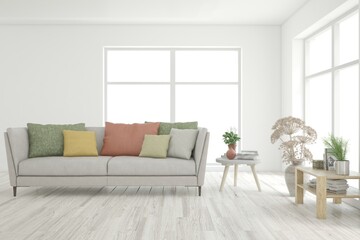 White living room with sofa. Scandinavian interior design. 3D illustration