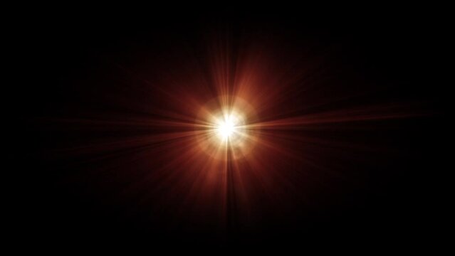 Abstract loop center flickering gold red optical lens flares light streaks shine ray rotation animation background. 4K seamless dynamic kinetic bright star illustration flash light rays effect with li