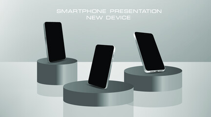 Stylish smartphone on a graphite podium. Realistic black smartphone presentation on the podium. Minimalistic 3D scene with phone presentation. Smartphone vector mockup