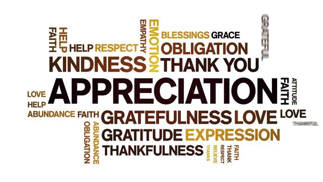 Appreciation animated tag word cloud;text design animation kinetic typography seamless loop.