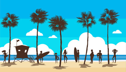 Beach landscape with Lifeguard Station, people on vacation. Palms, sea, ocean, coast view