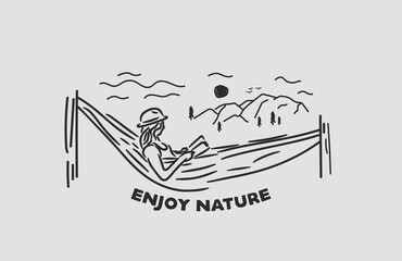 woman relaxing in hammock with nature view hand drawn vintage