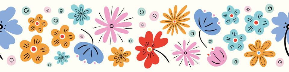 Flower pattern background vector border, trendy seamless repeat design banner of hand drawn flowers. 