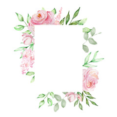 Watercolor rectangular frame of delicate pink roses