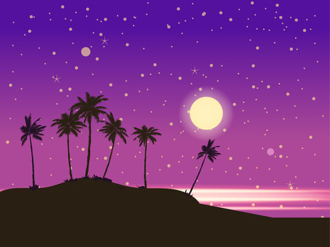 Tropical seashore night landscape, coast, palms, moonlight, ocean. Summer exotic scene view, silhouette