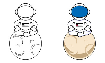 cute astronaut sitting on the moon coloring page for kids