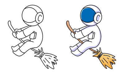 cute astronaut with flying broom coloring page for kids