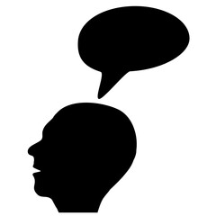 Silhouette of human head with speech bubble from brain isolated on white background. Design element.