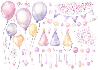 Watercolor hand drawn set with illustration of colorful pink, purple, yellow baby flying balloons, flags, garlands, confetti, hats isolated on white background. Colorful elements for birthday party