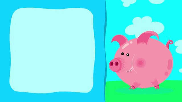 Cartoon character pig farm village animal walking loop animation for titles. Cute intro frame included, seamless loop. 
