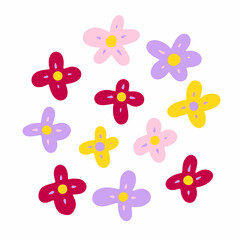 Fototapeta premium Vector abstract flowers set. Color chamomiles isolated on white background. Hand-drawn daisy. Cartoon pink petals Plant. Fresh bouquet sign. Symbol of summer, spring, nature. Cute floral illustration