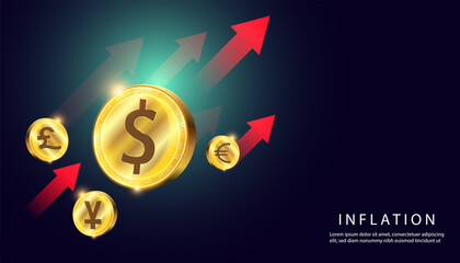 Abstract Currency Dollar Euro Yen Gold Coin On Background Hi-Tech Green Blue Concept Inflation is rising from various factors.