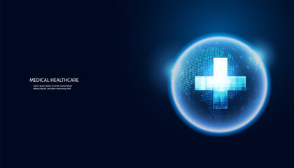 Abstract health science consist health plus circle digital and world technology concept modern medical on hi tech future blue background.
