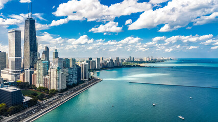 Chicago skyline aerial drone view from above, city of Chicago downtown skyscrapers and lake Michigan cityscape, Illinois, USA

