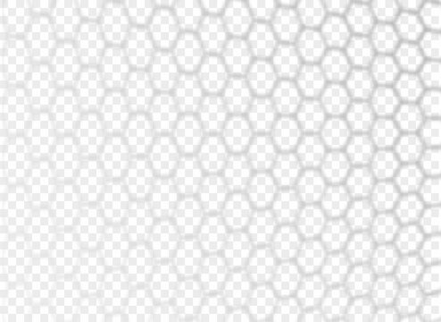 Overlay shadow of hexagonal rabitz net. Fence reflection on transparent background. Blurred silhouette of grid. Vector illustration. EPS10