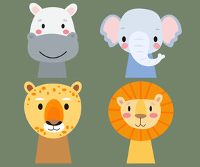 Vector flat illustration. Faces of African animals. Isolated. On a green background. Cute funny animals. Ideal for playing cards and school books.