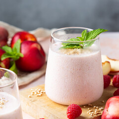 Peach raspberry smoothie, summer refreshing drink, beverage 