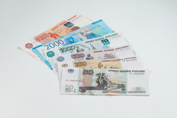 Russian rubles background. Money background and texture. Banknotes of different denominations