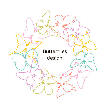 A circle of multi-colored contour butterflies on a dark background.