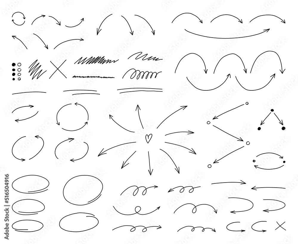Wall mural hand drawn thin line arrows and highlight design elements. vector line doodles isolated on white bac
