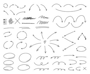 Hand drawn thin line arrows and highlight design elements. Vector line doodles isolated on white background. © masha stone