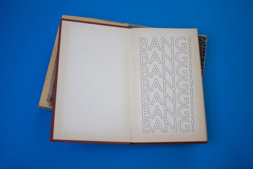 Bang word in opened book with vintage, natural patterns old antique paper design.