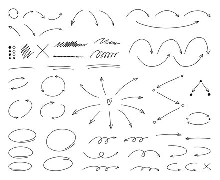 Hand drawn thin line arrows and highlight design elements. Vector line doodles isolated on white background.